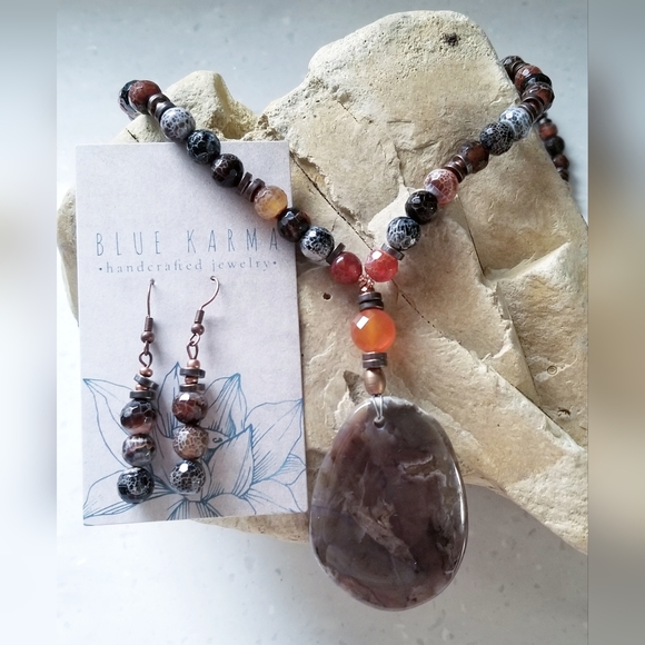 Artisanal Agate Necklace & Earring Set OOAK - Picture 2 of 7